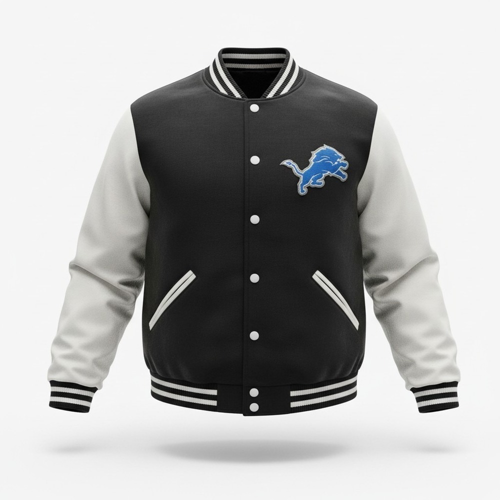 NFL Detroit Lions Reversible Varsity Jacket Mens Large Black White Bomber Puffer